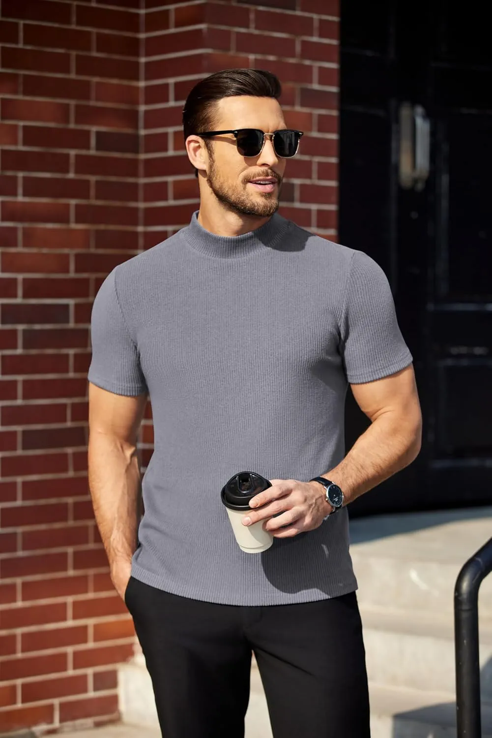 COOFANDY Mens Mock Turtleneck Sweater Short Sleeve Turtle Neck Sweaters Casual Ribbed Knited Pullover Tops Solid Basic Tee