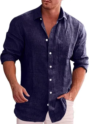 Cotton Linen Shirt Mens Vintage 1950s Long Sleeve Cuban Guayabera Shirt Thin Quick Dry Summer Beach Hippie Blouses