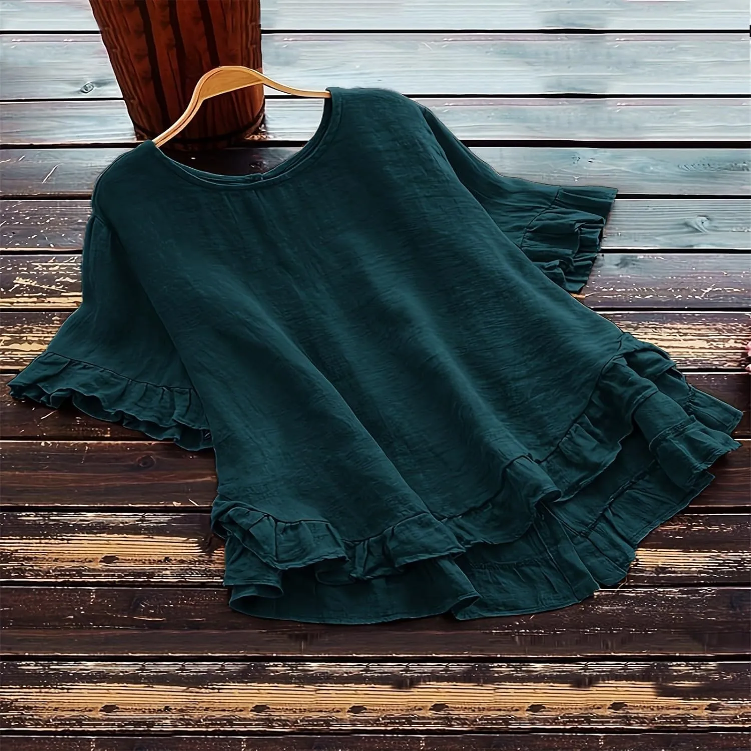 Cotton Linen Tops for Women Casual Ruffle Blouses Plus Size Short Sleeve Summer Loose Fit Fashion Ruffled Hem Shirts