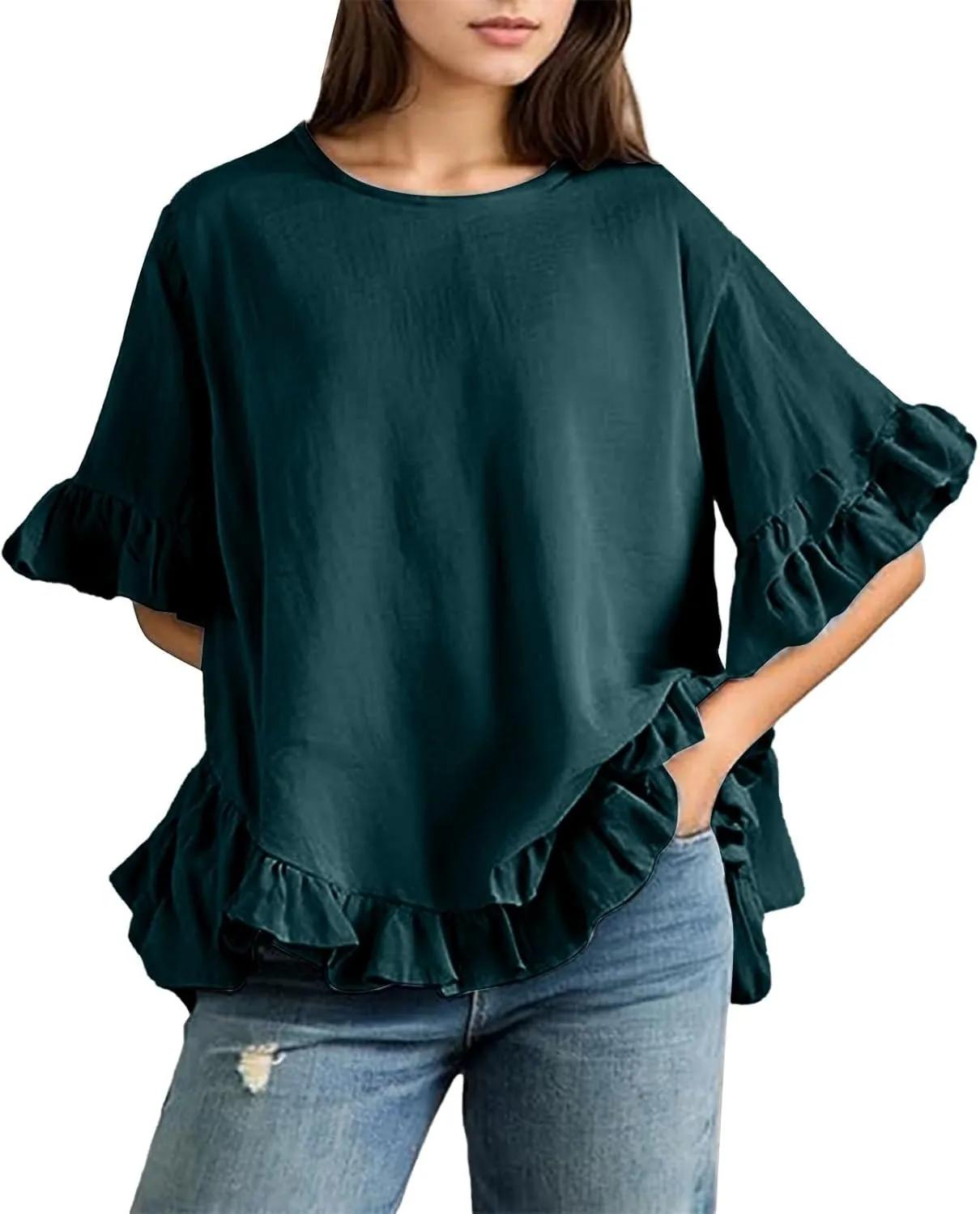 Cotton Linen Tops for Women Casual Ruffle Blouses Plus Size Short Sleeve Summer Loose Fit Fashion Ruffled Hem Shirts
