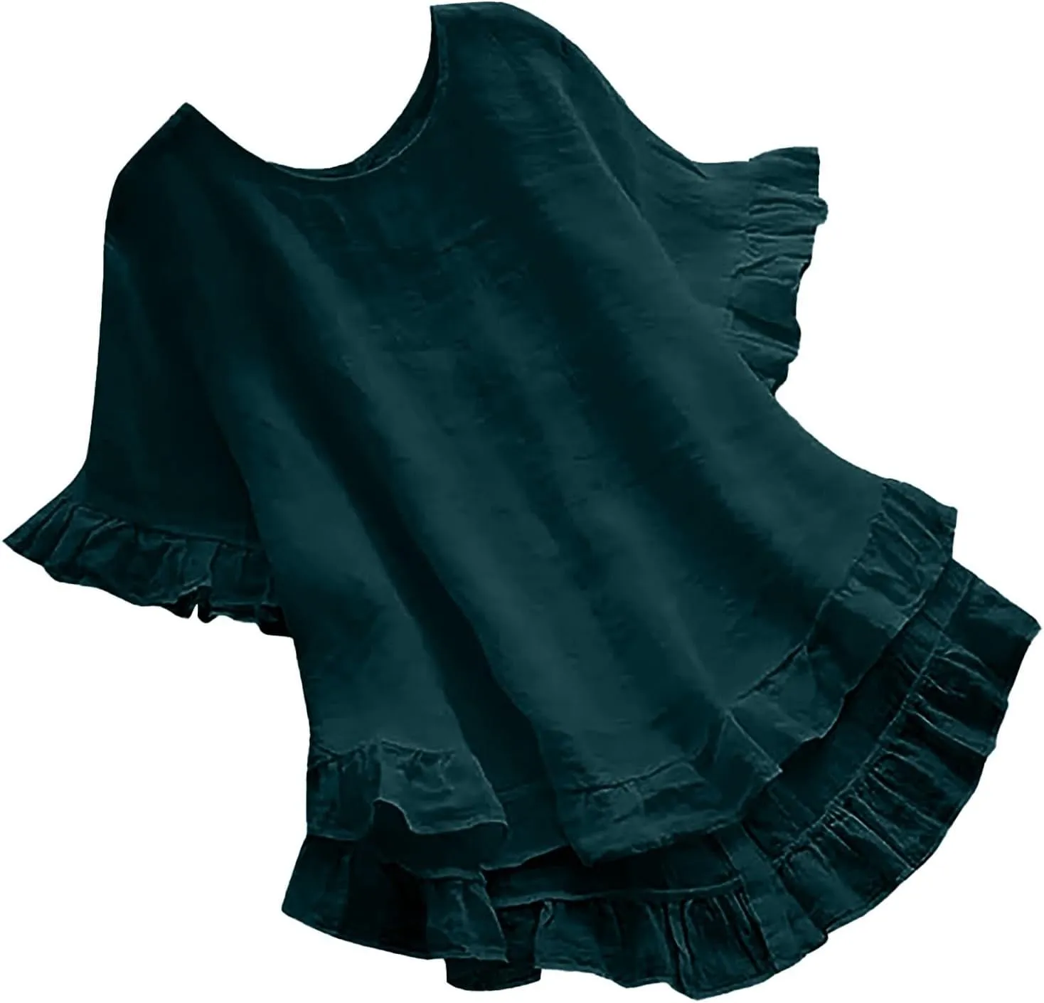 Cotton Linen Tops for Women Casual Ruffle Blouses Plus Size Short Sleeve Summer Loose Fit Fashion Ruffled Hem Shirts