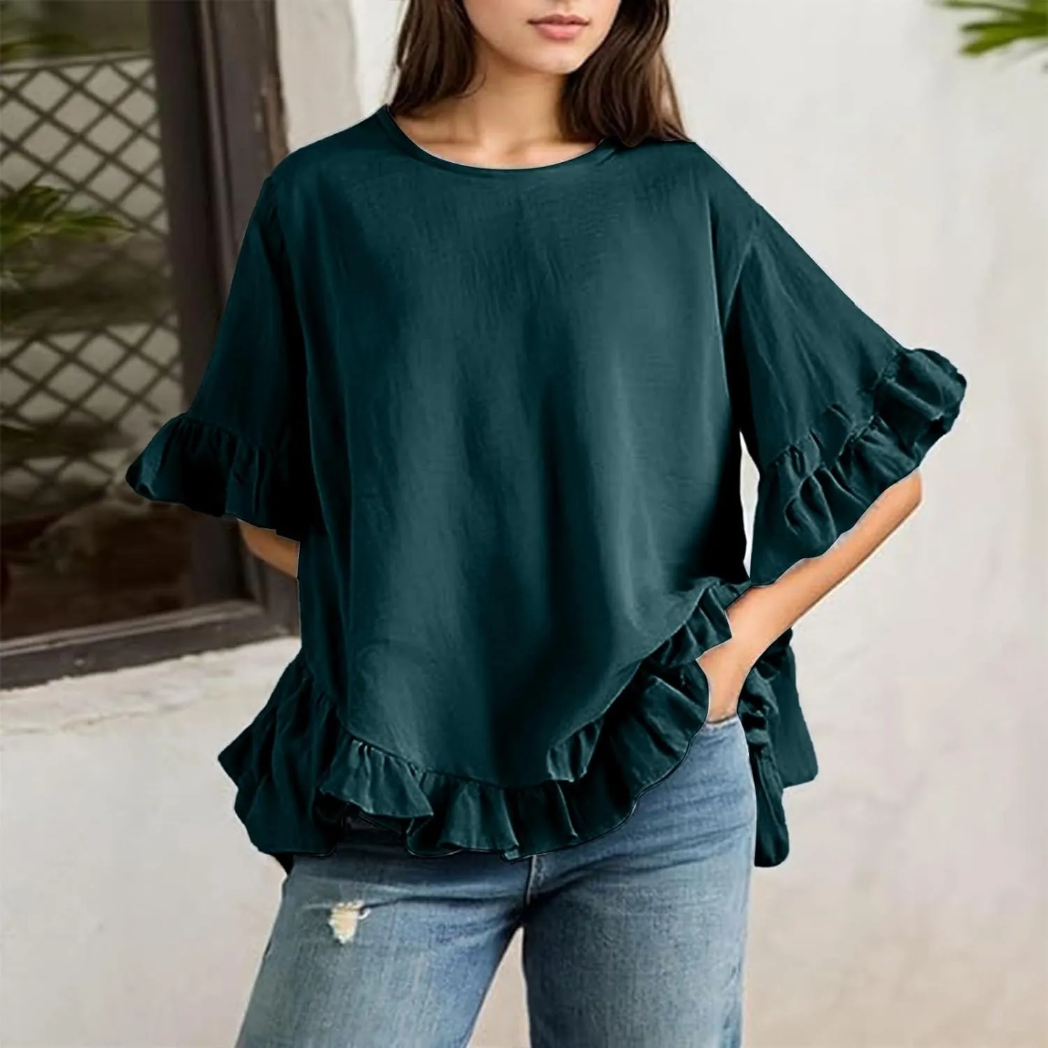 Cotton Linen Tops for Women Casual Ruffle Blouses Plus Size Short Sleeve Summer Loose Fit Fashion Ruffled Hem Shirts