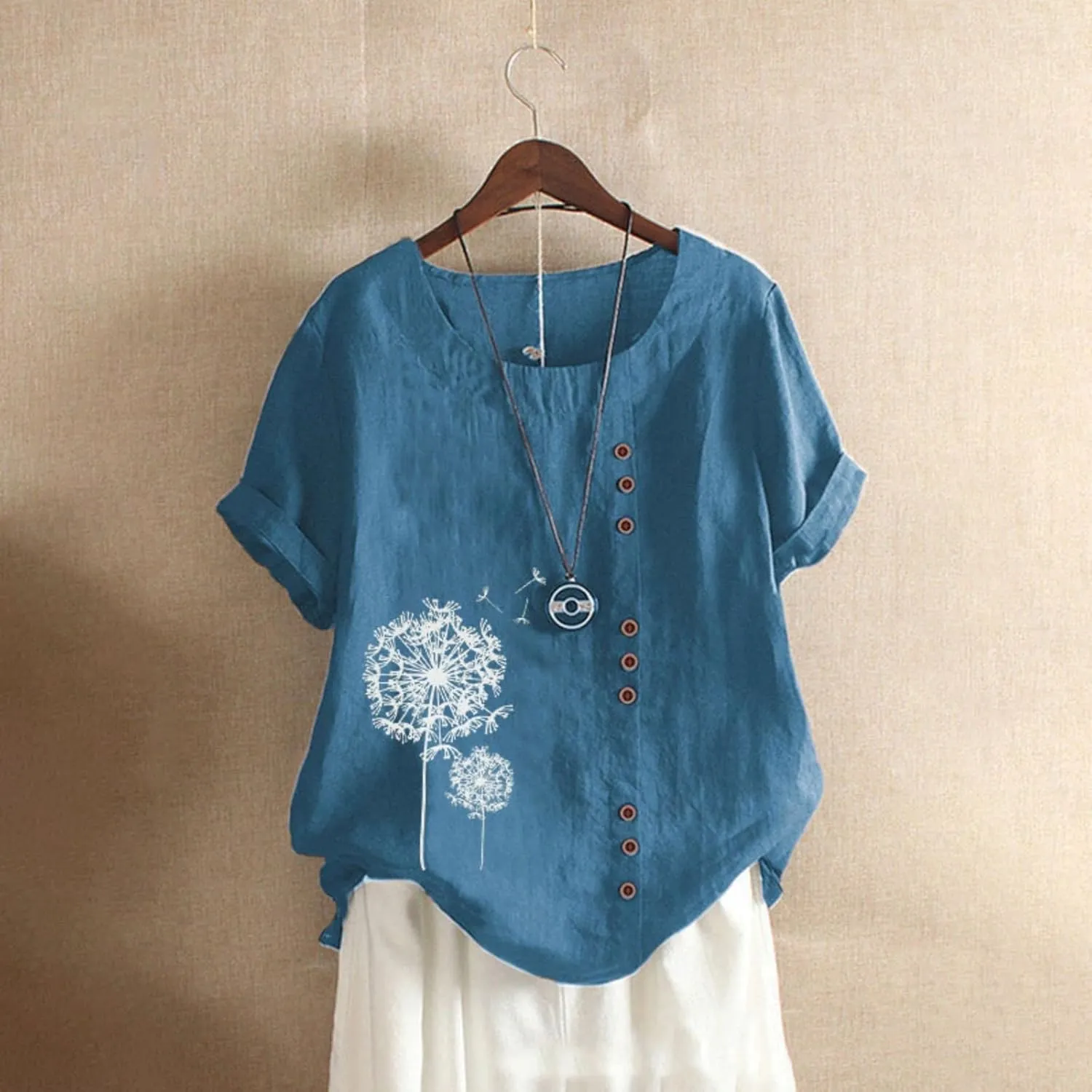 Cotton Linen Tops for Women Loose Comfy Floral Graphic Tees Casual Short Sleeve Round Neck T Shirt Button Down Shirts