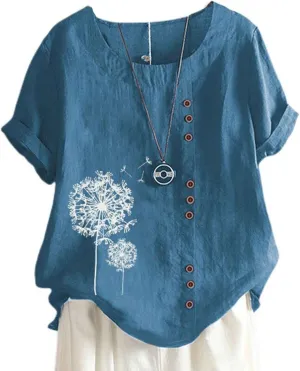 Cotton Linen Tops for Women Loose Comfy Floral Graphic Tees Casual Short Sleeve Round Neck T Shirt Button Down Shirts