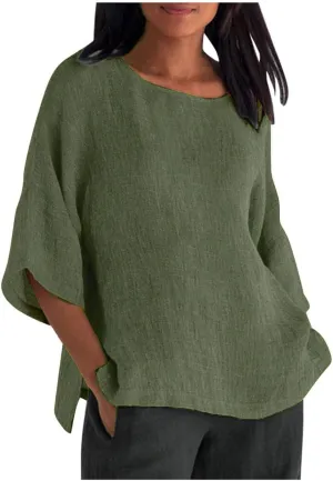 Crewneck Linen Tops for Women 2025 Summer Casual T Shirts Loose Short Sleeve Cotton and Linen Blouses Tee