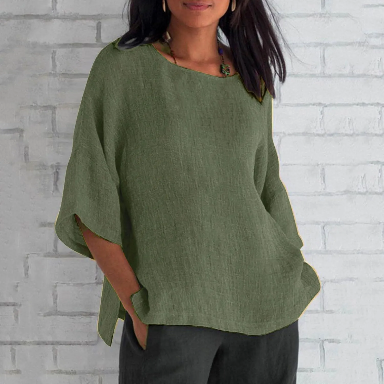 Crewneck Linen Tops for Women 2025 Summer Casual T Shirts Loose Short Sleeve Cotton and Linen Blouses Tee