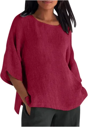 Crewneck Linen Tops for Women 2025 Summer Casual T Shirts Loose Short Sleeve Cotton and Linen Blouses Tee