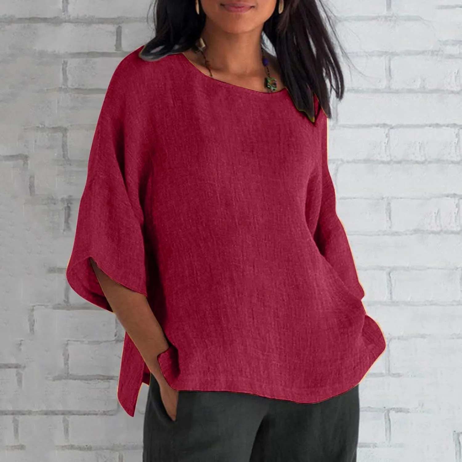 Crewneck Linen Tops for Women 2025 Summer Casual T Shirts Loose Short Sleeve Cotton and Linen Blouses Tee