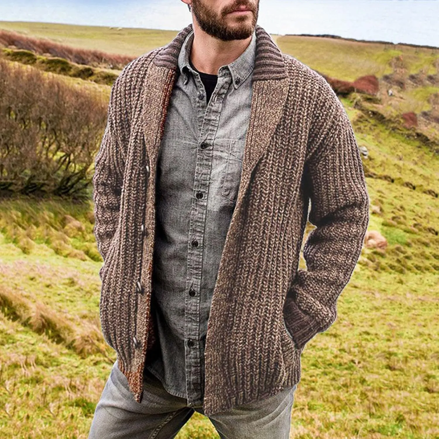 CRNTCEM Mens Casual Shawl Collar Cardigan Sweater Cable Knit Button Chunky Winter Thick Thermal Open Front Cardigan Coats