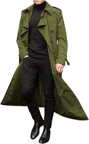 CRNTCEM Men's Long Trench Coat Winter Casual Notch Lapel Double Breasted Slim Fitted Oversized Windbreaker Jacket Outwears