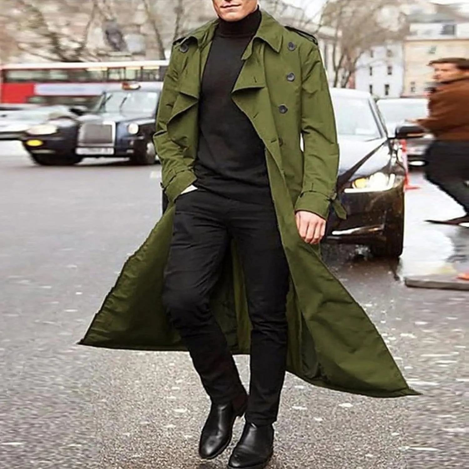CRNTCEM Men's Long Trench Coat Winter Casual Notch Lapel Double Breasted Slim Fitted Oversized Windbreaker Jacket Outwears