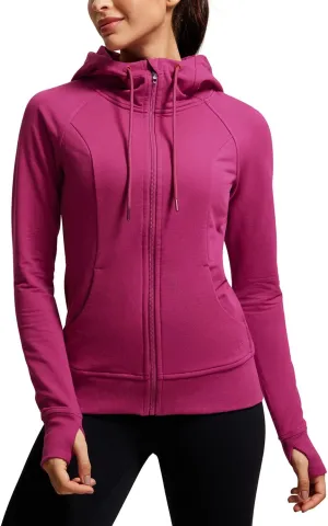 CRZ YOGA Women's Full Zip Hooded Sweatshirts Workout Sweat Jackets Slim Fit Running Track Hoodies with Thumbholes