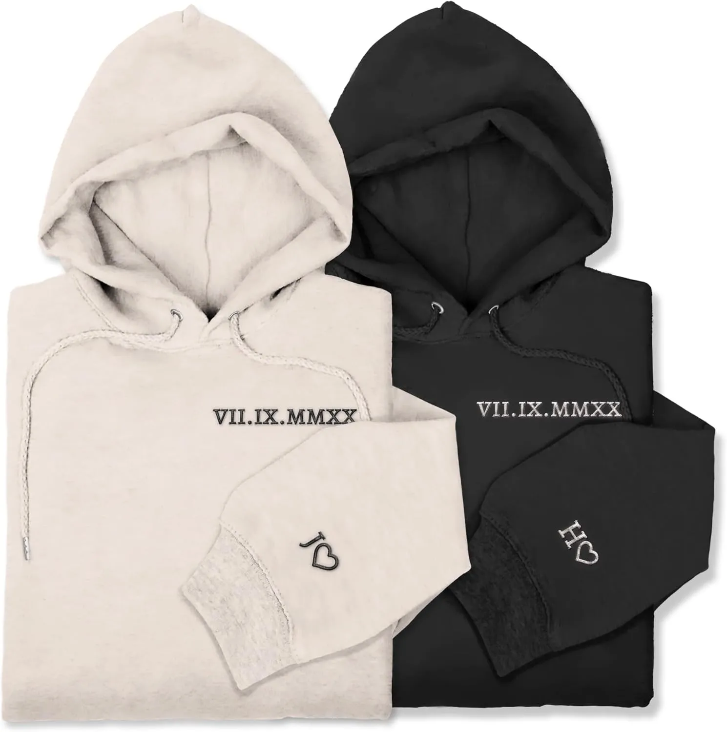 Custom Embroidered Roman Numerals Hoodie, Customized Matching Hoodie for Couple with Initial Heart, Personalized Sweatshirt Hoodie for Couple, Embroidered Gift for Him Her Boyfriend Girlfriend