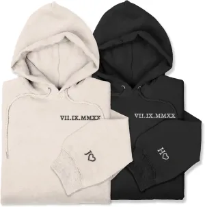 Custom Embroidered Roman Numerals Hoodie, Customized Matching Hoodie for Couple with Initial Heart, Personalized Sweatshirt Hoodie for Couple, Embroidered Gift for Him Her Boyfriend Girlfriend