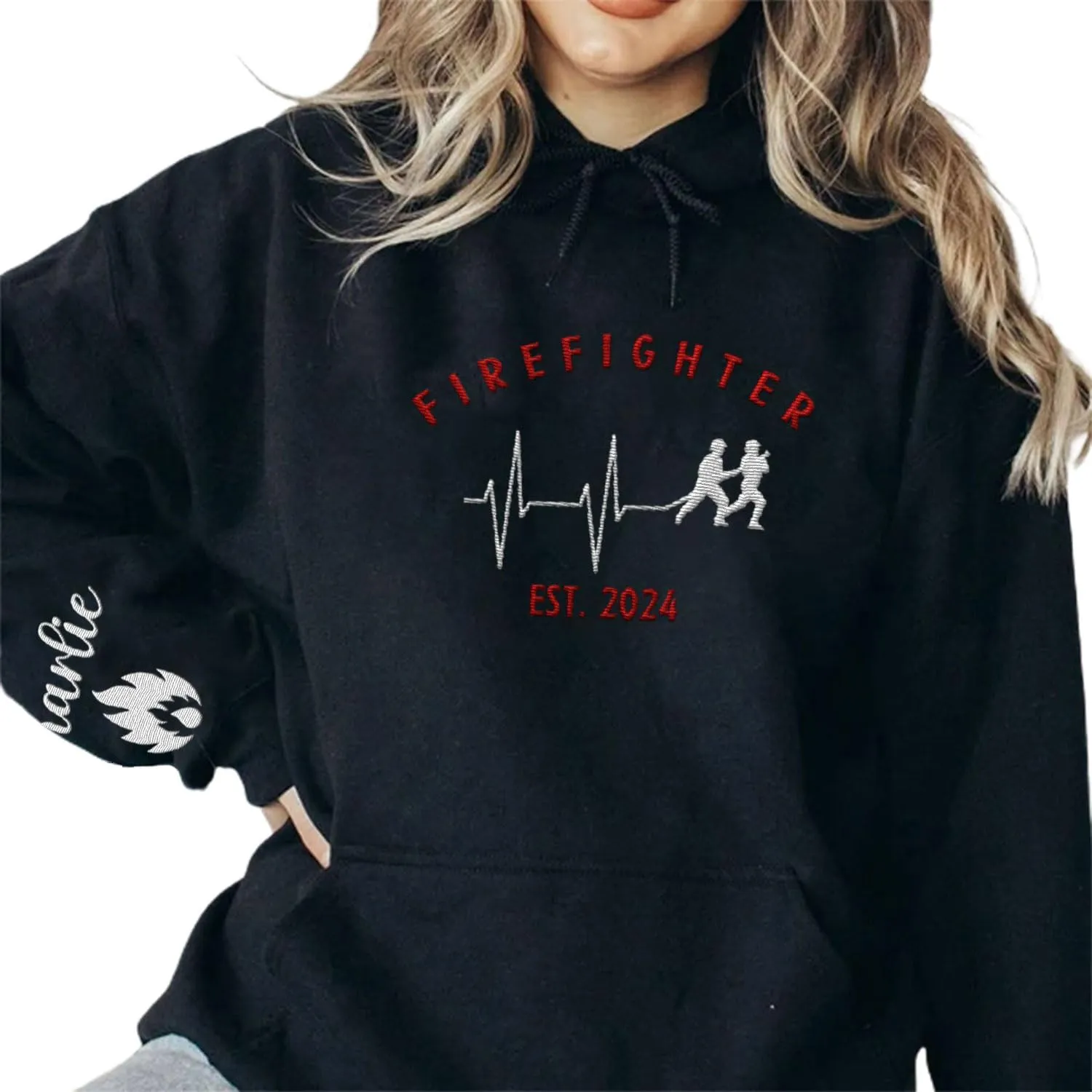 Custom Firefighter Logo Embroidered Shirt Fireman with American Flag Thin Red Line Personalized Fire Dept. Symbol Sweatshirt