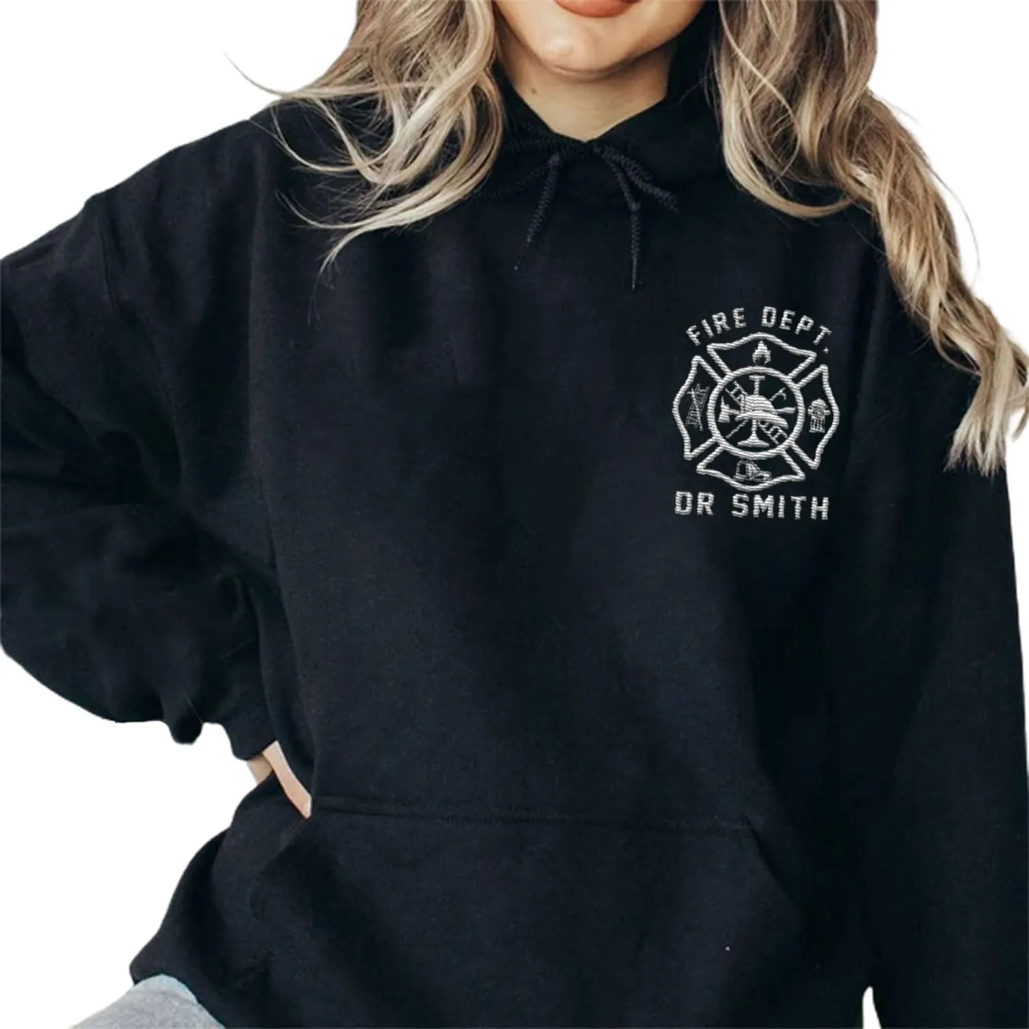Custom Firefighter Logo Embroidered Shirt Fireman with American Flag Thin Red Line Personalized Fire Dept. Symbol Sweatshirt