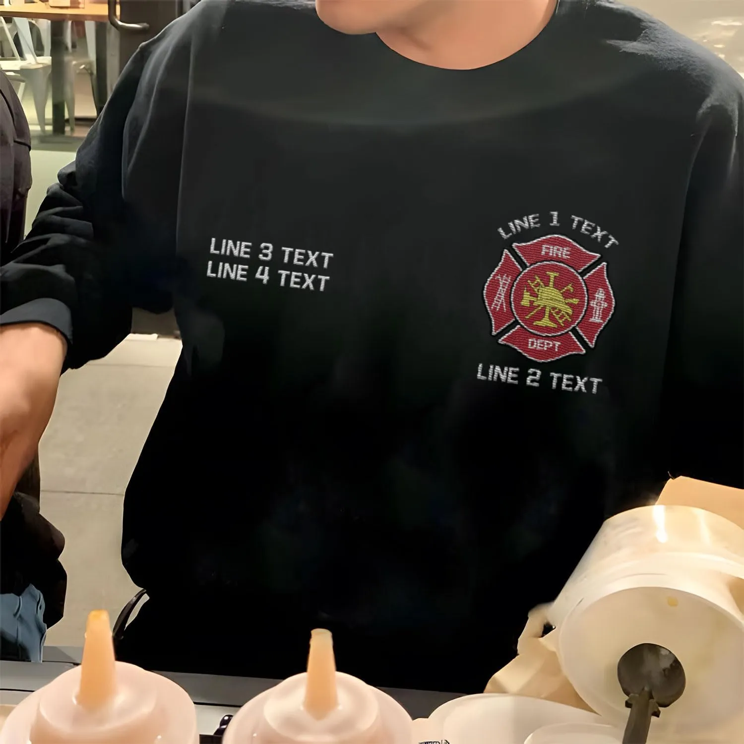 Custom Firefighter Logo Embroidered Shirt Fireman with American Flag Thin Red Line Personalized Fire Dept. Symbol Sweatshirt