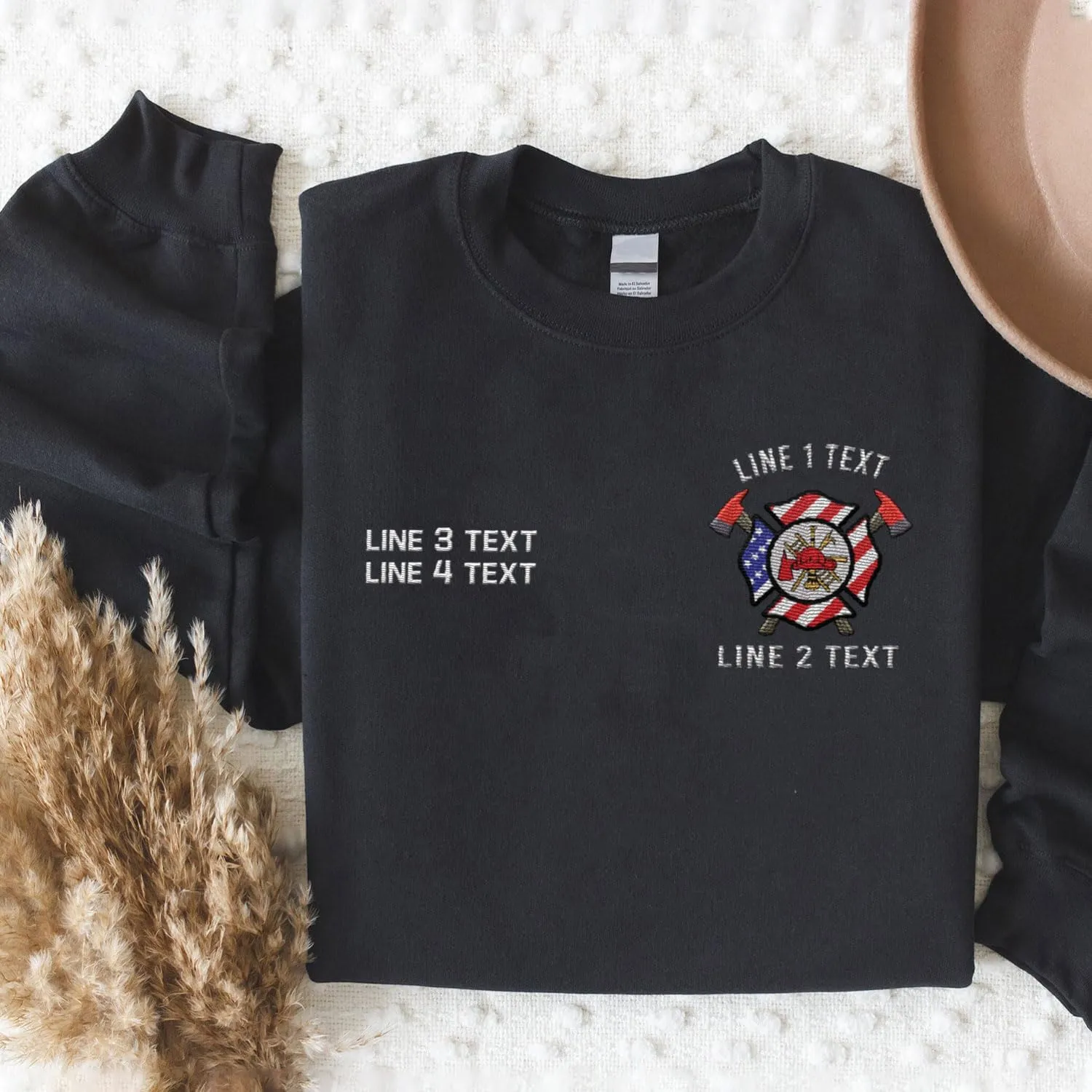 Custom Firefighter Logo Embroidered Shirt Fireman with American Flag Thin Red Line Personalized Fire Dept. Symbol Sweatshirt