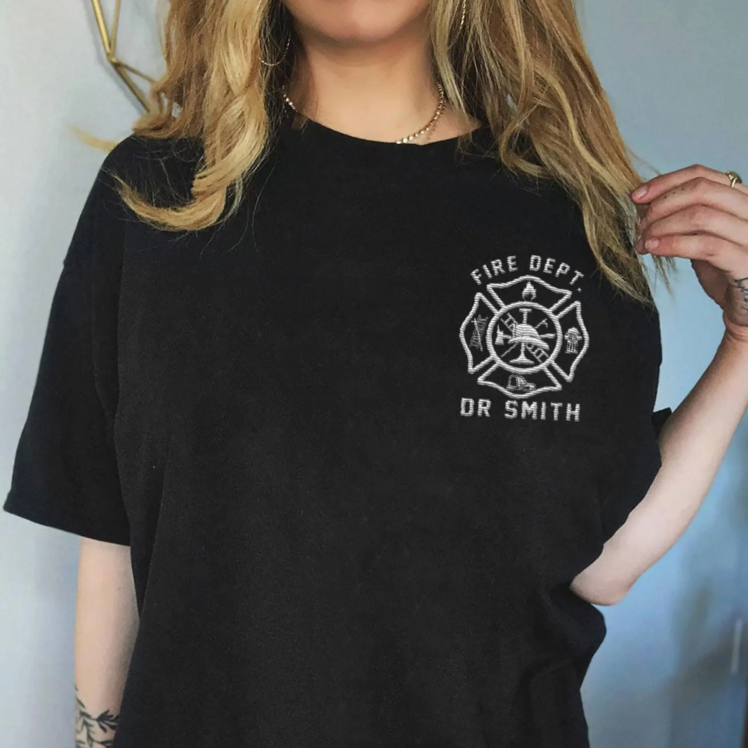 Custom Firefighter Logo Embroidered Shirt Fireman with American Flag Thin Red Line Personalized Fire Dept. Symbol Sweatshirt