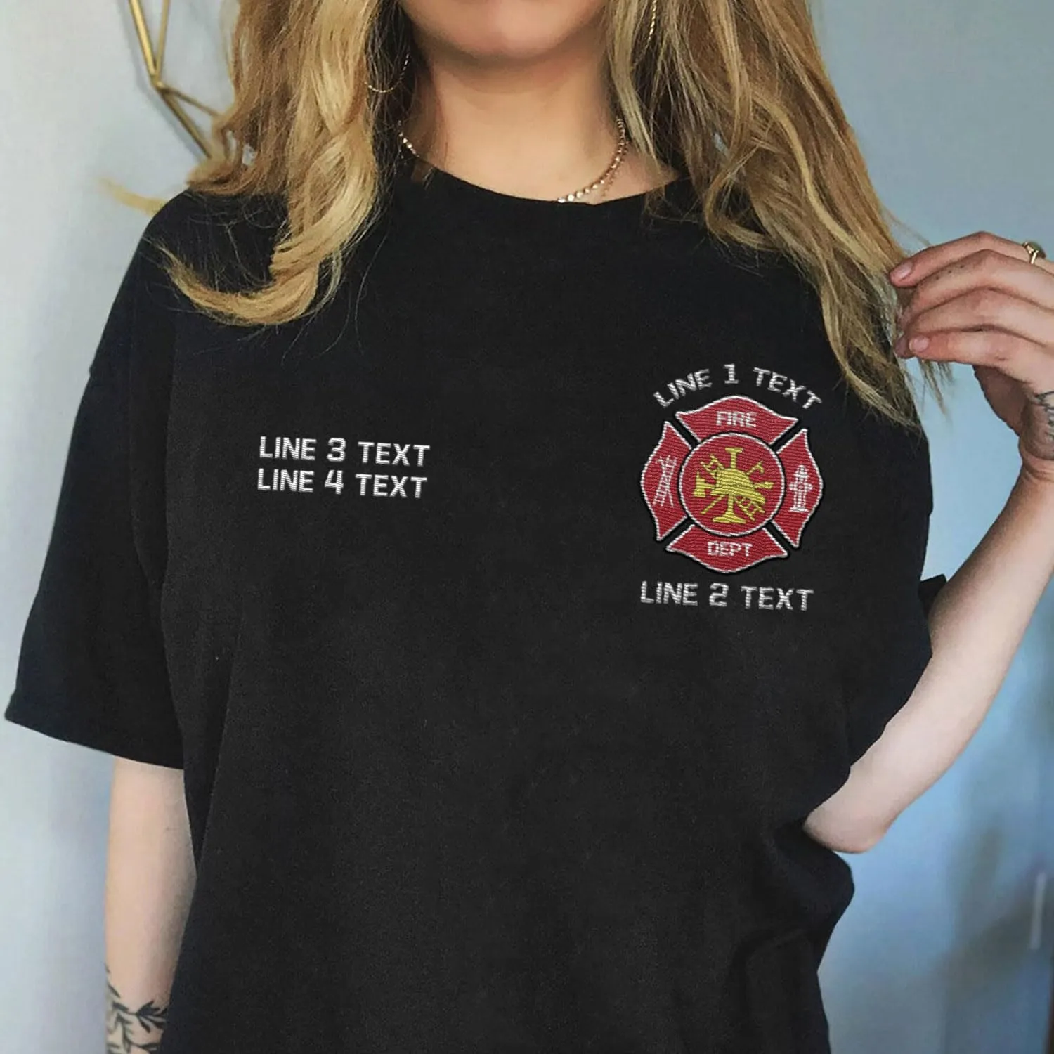 Custom Firefighter Logo Embroidered Shirt Fireman with American Flag Thin Red Line Personalized Fire Dept. Symbol Sweatshirt