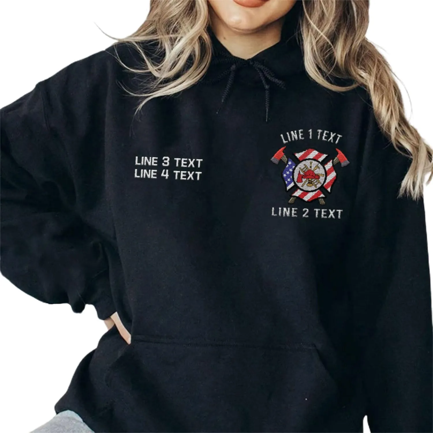 Custom Firefighter Logo Embroidered Shirt Fireman with American Flag Thin Red Line Personalized Fire Dept. Symbol Sweatshirt