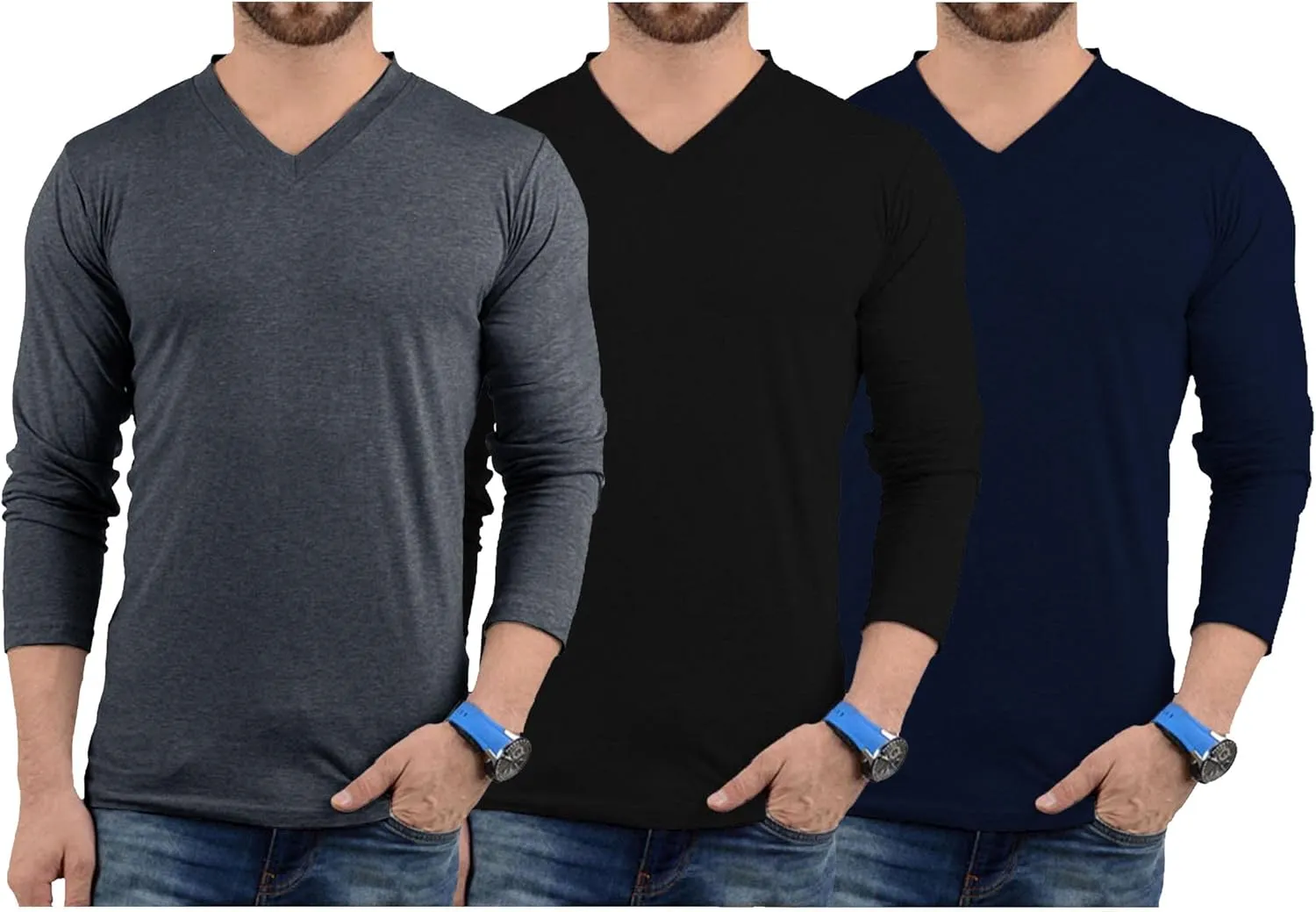 Decrum Long Sleeves Shirts for Men - Pack of 3 V-Neck Soft Breathable Full Sleeve T Shirt Mens Multipack