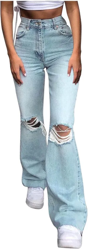 Denim Jeans for Women Classic High Waisted Skinny Jeans Y2K Stretch Jeggings with Pockets Bootcut Women Ripped Light Blue