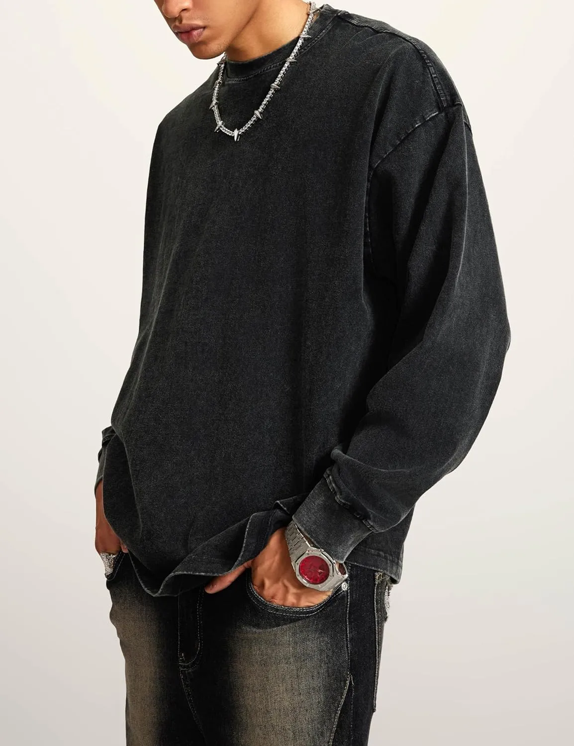 Dnzzs Men's Oversized T-Shirts Long Sleeve Crew Neck Sweatshirt Acid Wash Basic Cotton Tees Vintage Streetwear Tee Tops