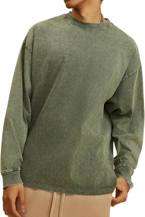 Dnzzs Men's Oversized T-Shirts Long Sleeve Crew Neck Sweatshirt Acid Wash Basic Cotton Tees Vintage Streetwear Tee Tops