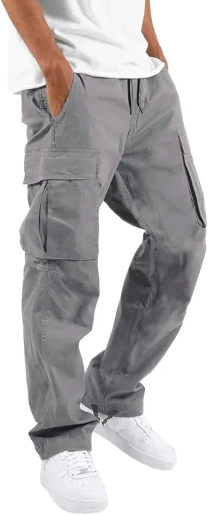 Elastic Waist Cargo Pants for Men Relaxed Fit Tactical Hiking Pants Casual Work Trousers Drawstring Travel Pants