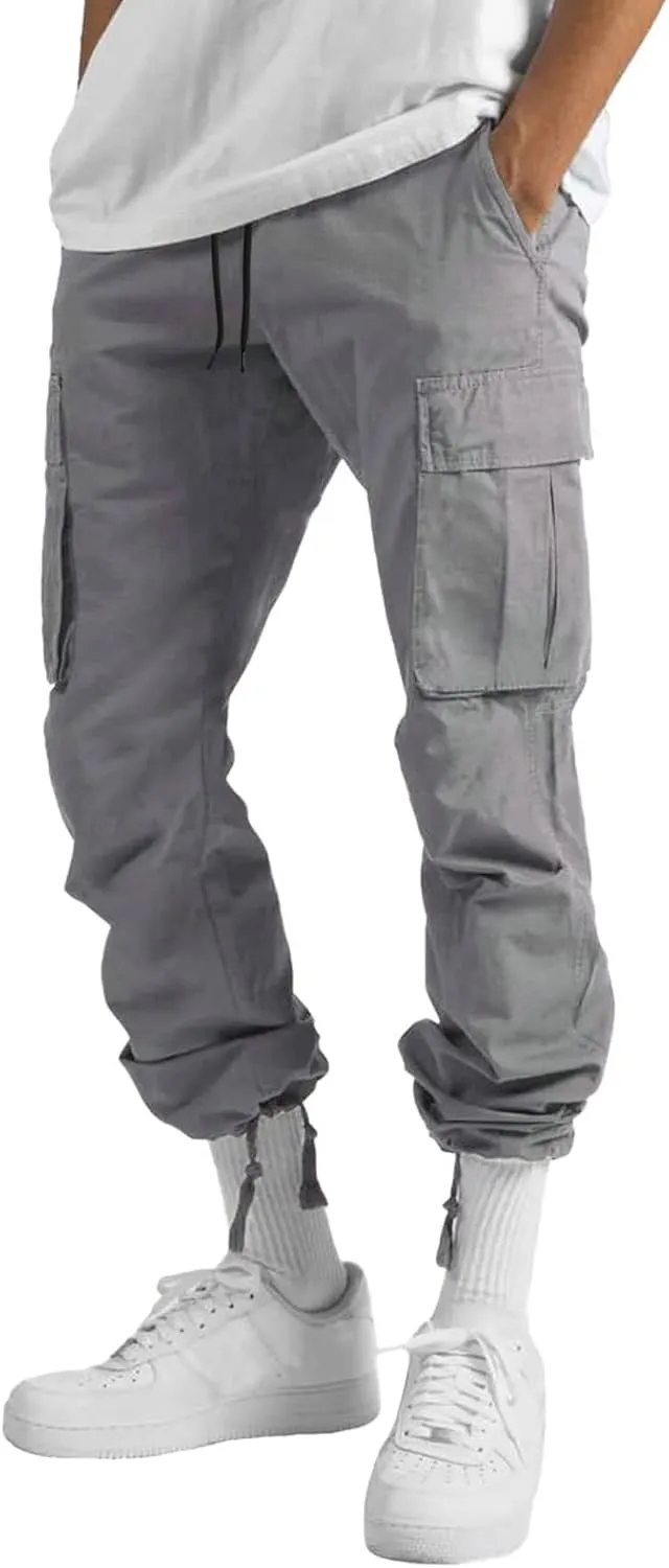 Elastic Waist Cargo Pants for Men Relaxed Fit Tactical Hiking Pants Casual Work Trousers Drawstring Travel Pants