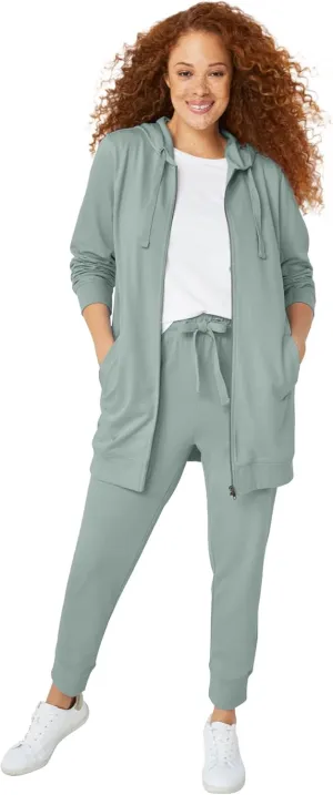 ellos Women's Plus Size Long Zip Front Hoodie French Terry Long Oversized Lightweight Jacket