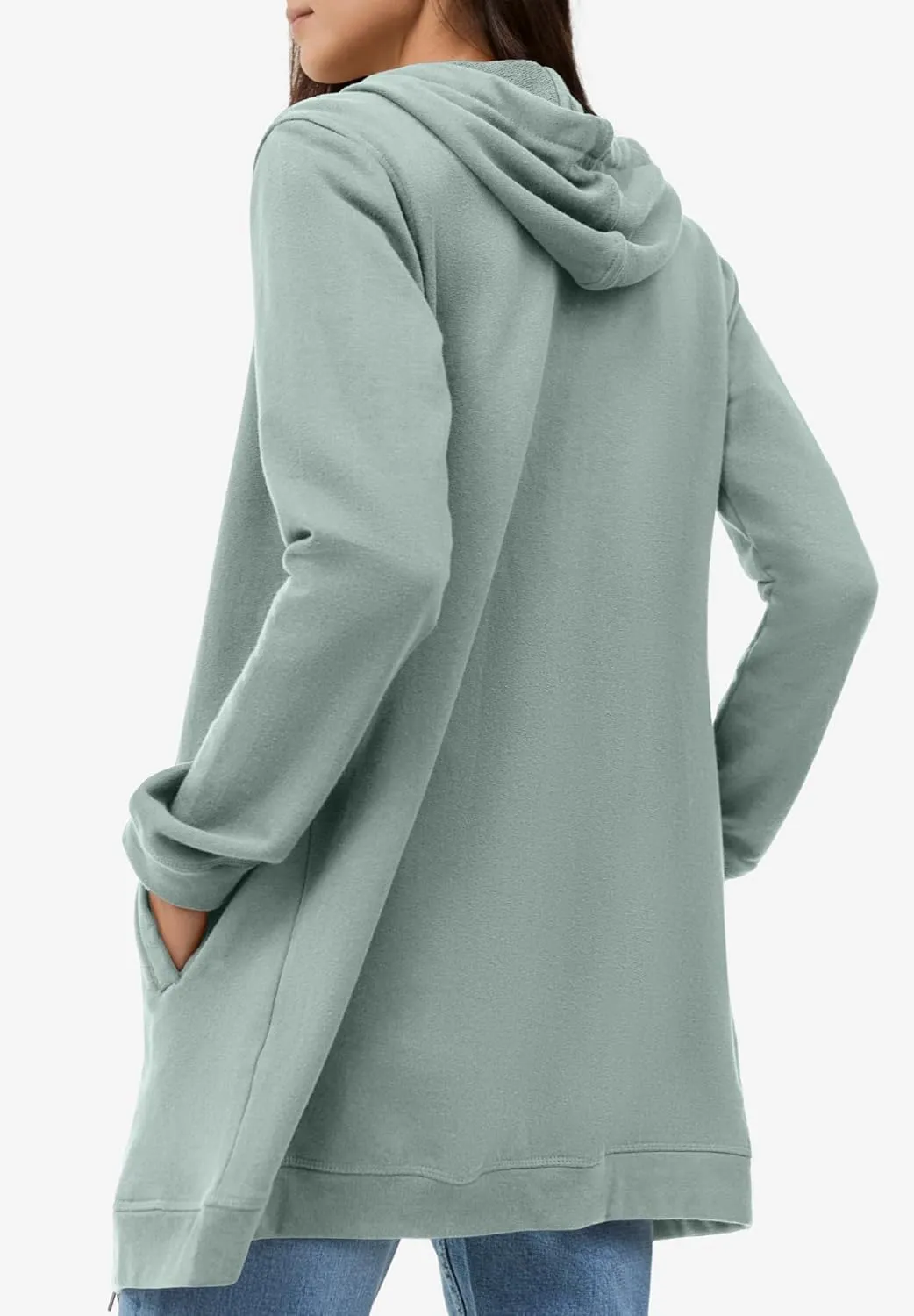 ellos Women's Plus Size Long Zip Front Hoodie French Terry Long Oversized Lightweight Jacket