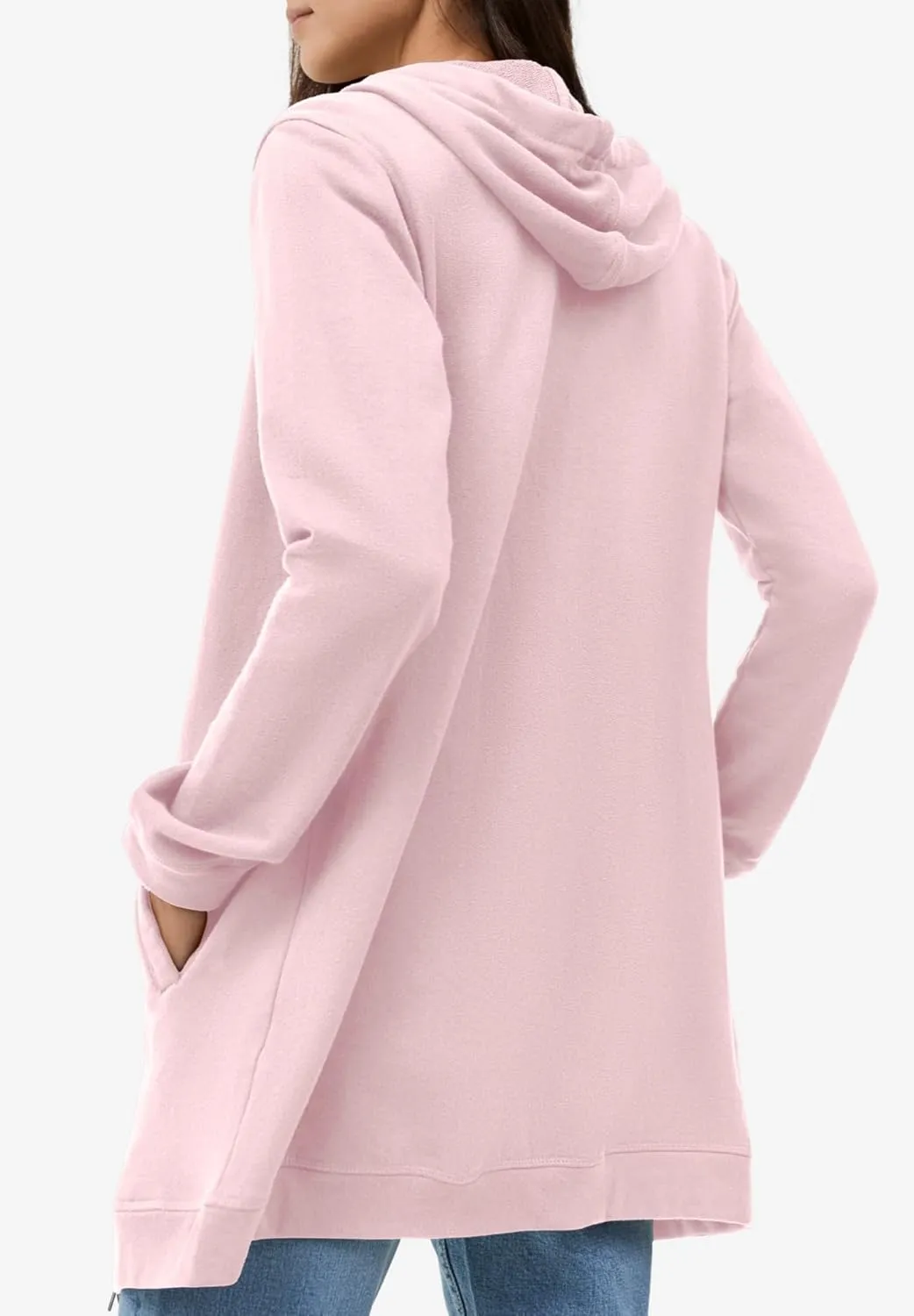 ellos Women's Plus Size Long Zip Front Hoodie French Terry Long Oversized Lightweight Jacket