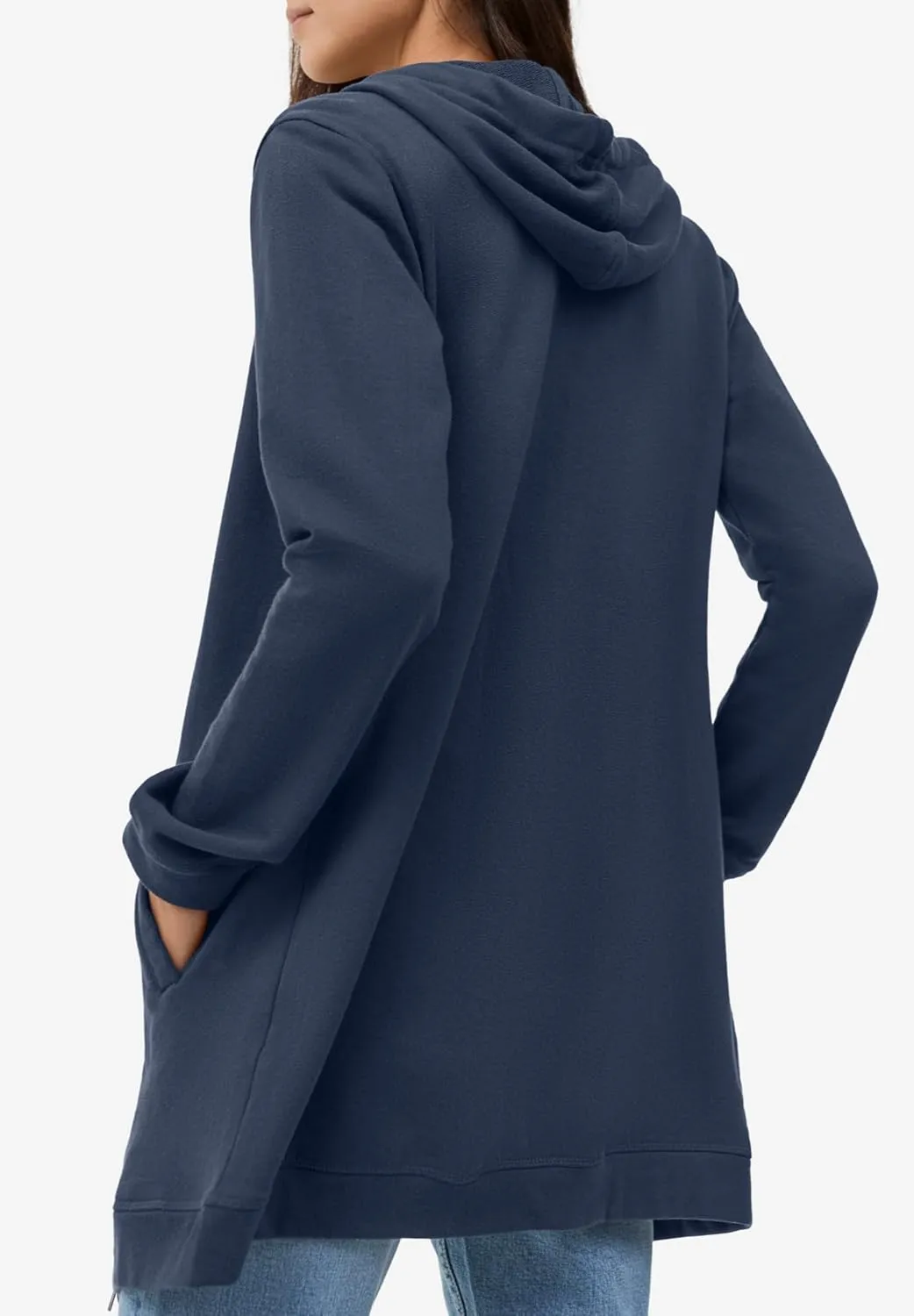 ellos Women's Plus Size Long Zip Front Hoodie French Terry Long Oversized Lightweight Jacket