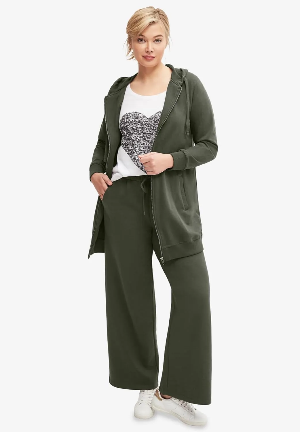 ellos Women's Plus Size Long Zip Front Hoodie French Terry Long Oversized Lightweight Jacket