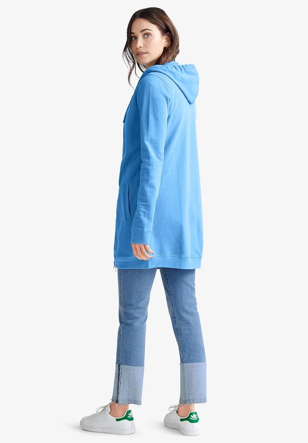 ellos Women's Plus Size Long Zip Front Hoodie French Terry Long Oversized Lightweight Jacket