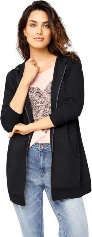 ellos Women's Plus Size Long Zip Front Hoodie French Terry Long Oversized Lightweight Jacket