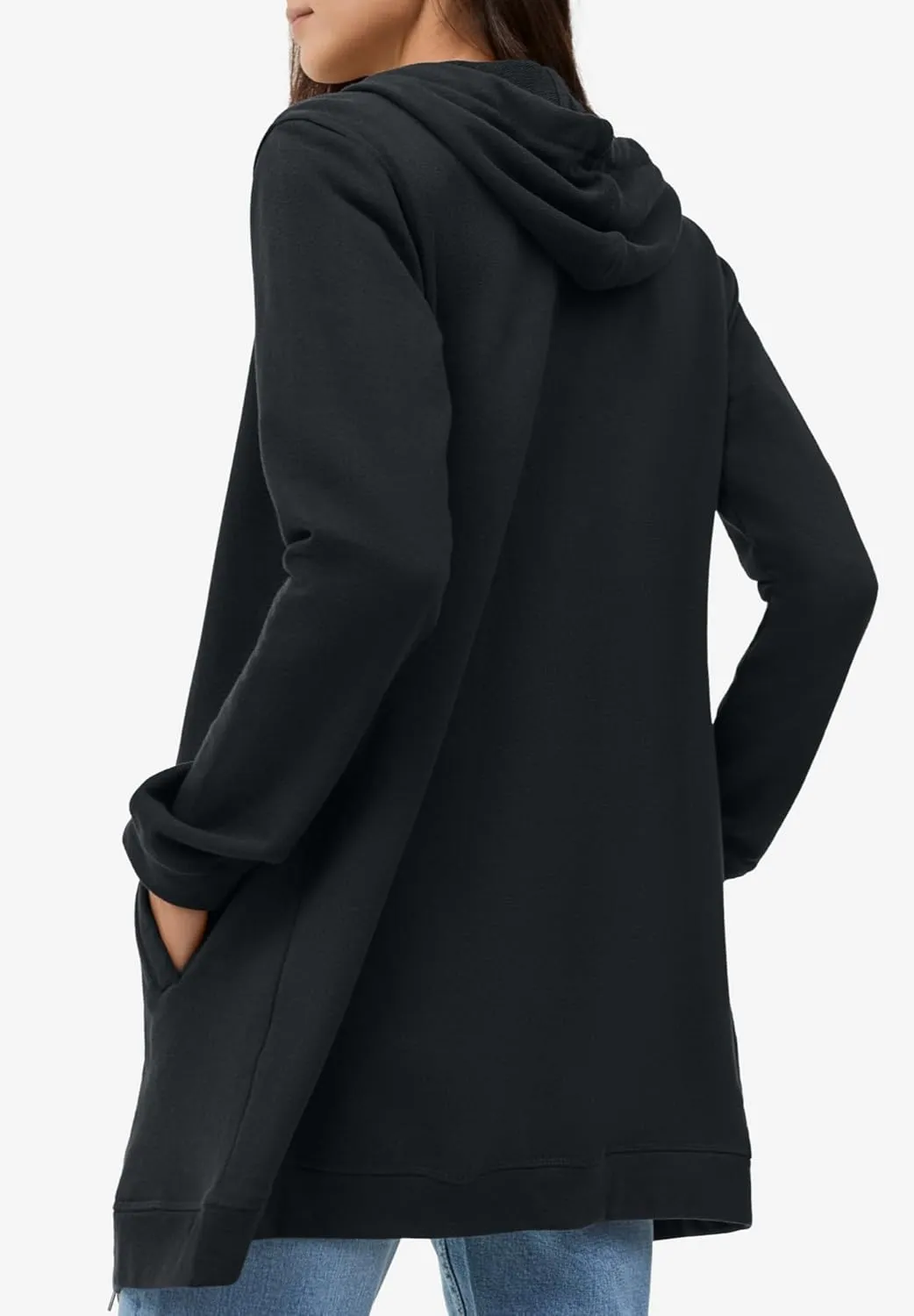 ellos Women's Plus Size Long Zip Front Hoodie French Terry Long Oversized Lightweight Jacket