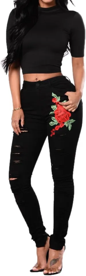 Embroidered Jeans Women - Rose Embroidered Denim Sexy High Waisted Ripped Skinny Jeans