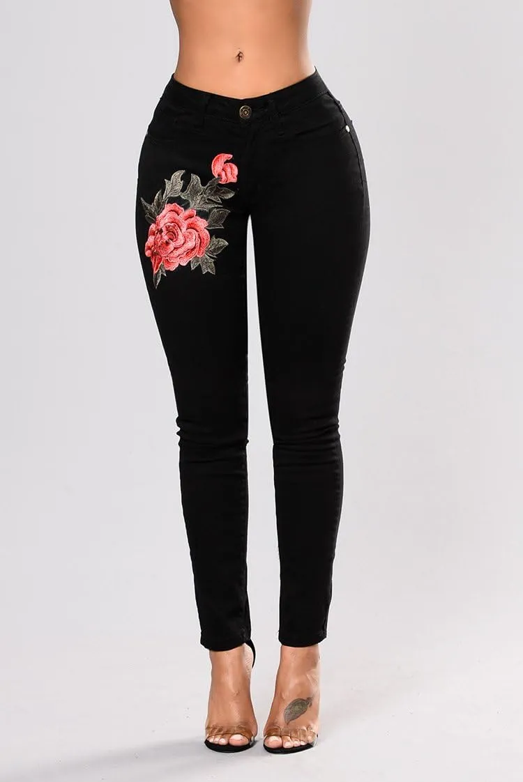 Embroidered Skinny Jeans - Womens Flower High Waisted Pencil Denim Skinny Jeans