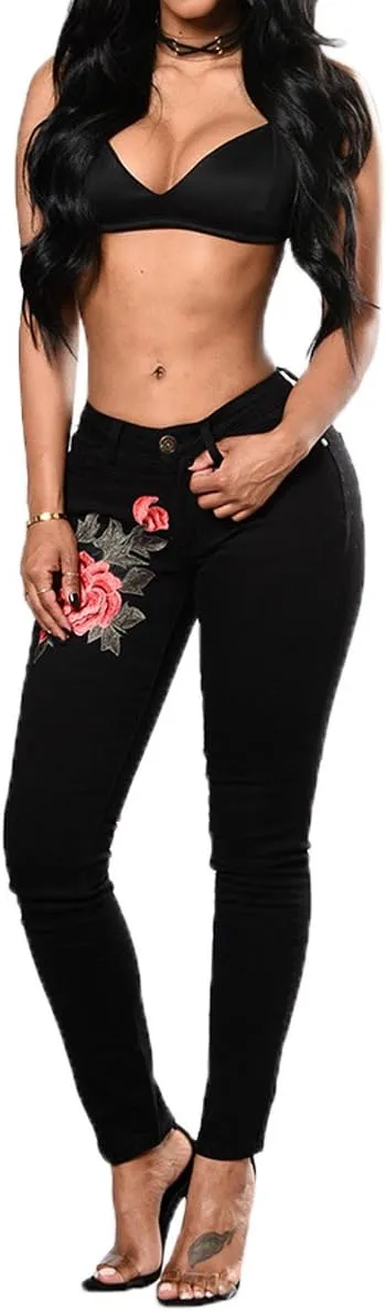 Embroidered Skinny Jeans - Womens Flower High Waisted Pencil Denim Skinny Jeans