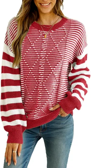 EVALESS Womens Striped Sweaters Fall Winter 2024 Trendy Fashion Cable Knit Pullover Sweater