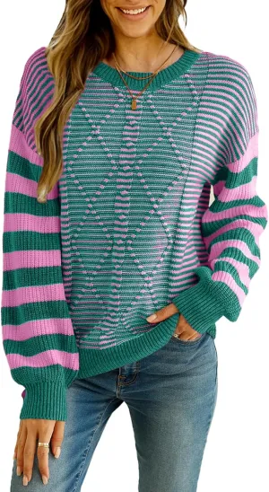 EVALESS Womens Striped Sweaters Fall Winter 2024 Trendy Fashion Cable Knit Pullover Sweater