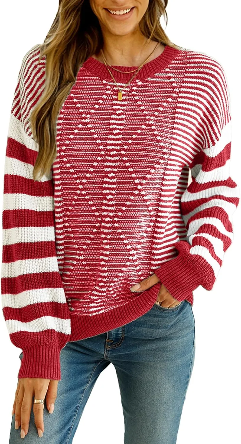 EVALESS Womens Striped Sweaters Fall Winter 2024 Trendy Fashion Cable Knit Pullover Sweater