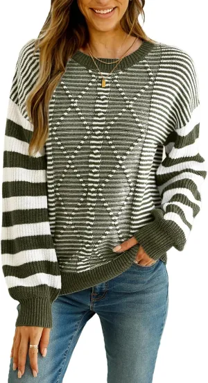 EVALESS Womens Striped Sweaters Fall Winter 2024 Trendy Fashion Cable Knit Pullover Sweater