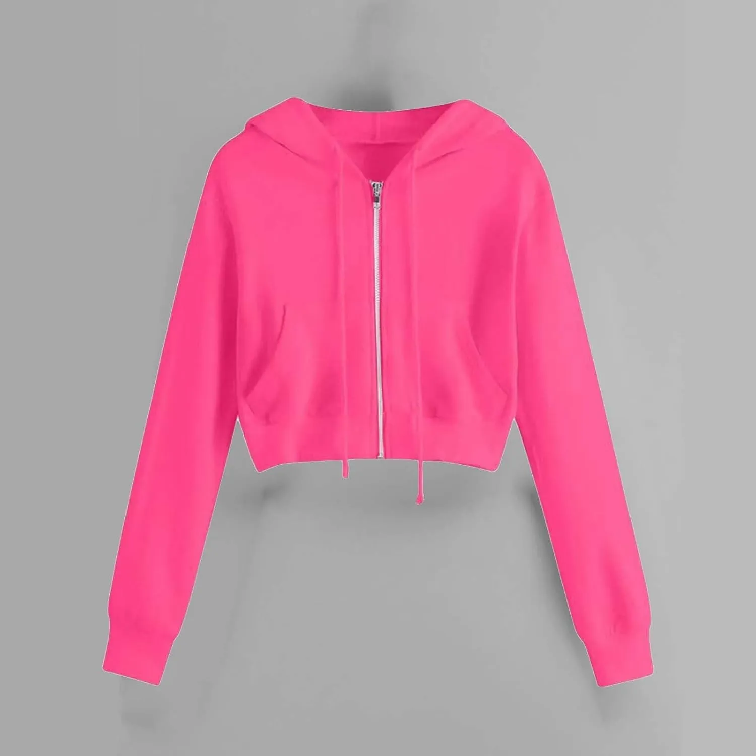 Fashion Crop Hoodie for Women Solid Color Full Zip Up Drawstring Hooded Long Sleeve Jackets Autumn Sports Sweatshirts