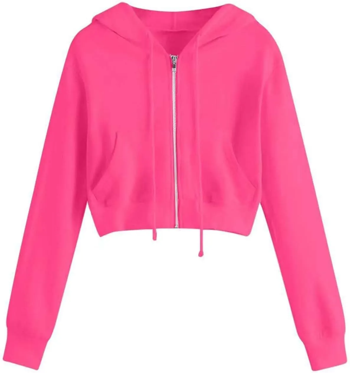 Fashion Crop Hoodie for Women Solid Color Full Zip Up Drawstring Hooded Long Sleeve Jackets Autumn Sports Sweatshirts