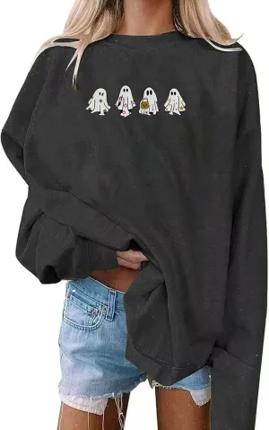FISCRAT Halloween Spooky Season Oversized Sweatshirt Women Cute Ghost Sweatshirts Fall Embroidered Sweater Pullover Top