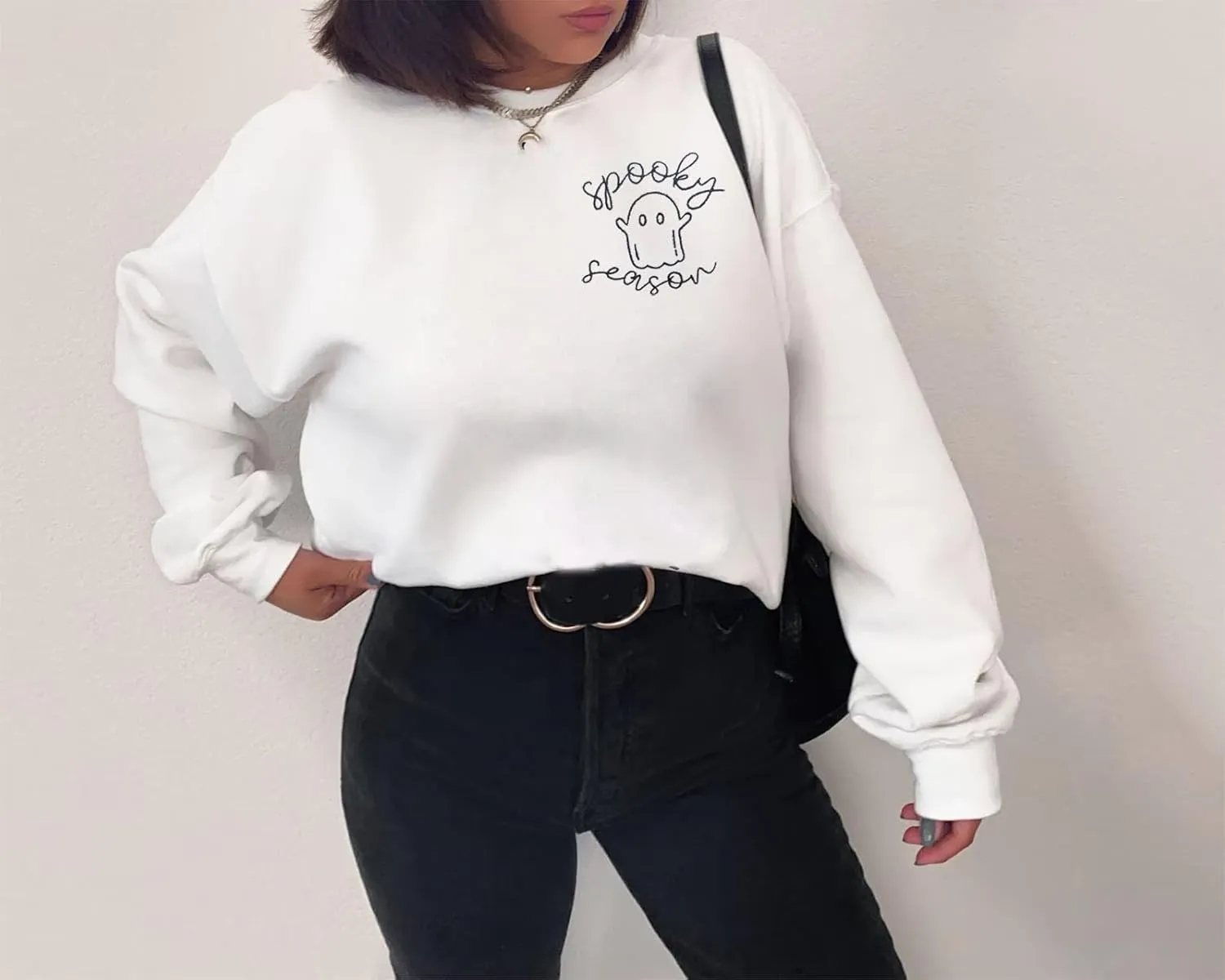 FISCRAT Halloween Spooky Season Oversized Sweatshirt Women Cute Ghost Sweatshirts Fall Embroidered Sweater Pullover Top